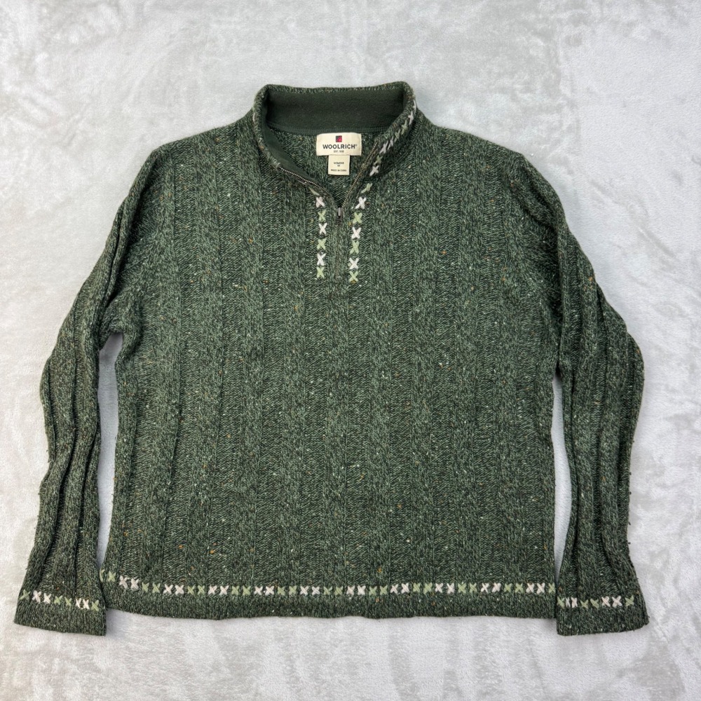 Woolrich Womens M Green Dark Loden Fair Isle Lambswool 1/4 Zip Sweater Nordic